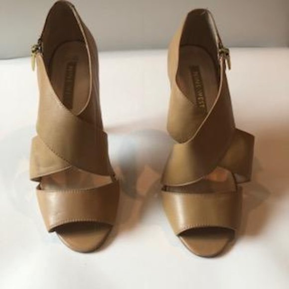 Nine West, Size 7.5M, Women's, Leather Upper, Open Toe Heels, Tan - Picture 1 of 9